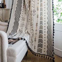 Laden Sie das Bild in den Galerie-Viewer, Boho Vorhang / Gardine Bohemian in beige schwarz  - verschiedene Größen - WhiteWhiskers