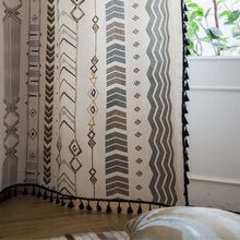 Laden Sie das Bild in den Galerie-Viewer, Boho Vorhang / Gardine Bohemian in beige schwarz  - verschiedene Größen - WhiteWhiskers