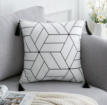 Load image into Gallery viewer, Black &amp; White pillowcases with tassels
