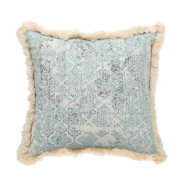 Vintage boho cushion with tassels in mint - white